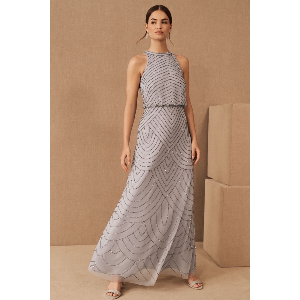 BHDLN/Adrianna Papell Art Deco Beaded Blouson Dress with Halter Neckline
